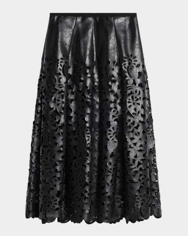 Floral Cutout Faux Leather Midi Skirt